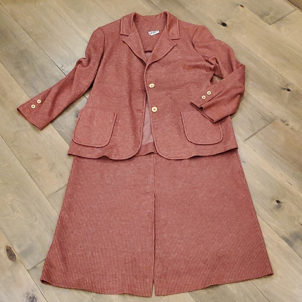 Vintage Bodin Knit L Skirt Suit Polyester Stripe Red Khaki Grannycore 70s Large